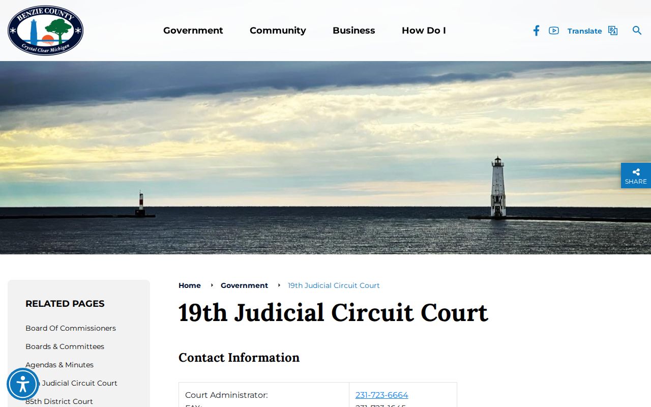 Benzie County civil docket 19th Circuit Court jurisdiction and contact information