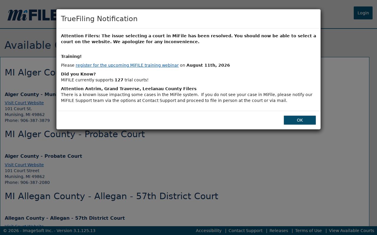 Michigan MiFILE available courts directory relevant to Benzie court records filing access