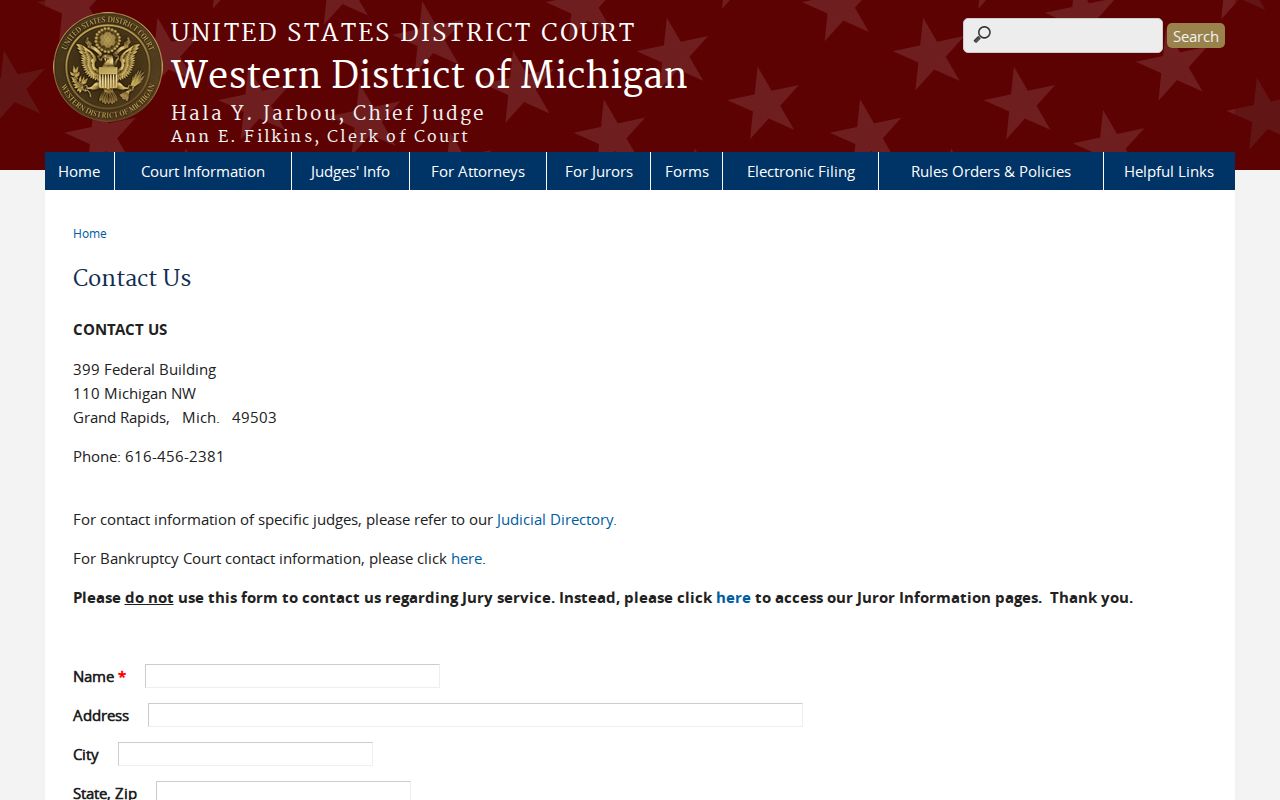 Western District of Michigan federal clerk contact for Benzie County federal court records