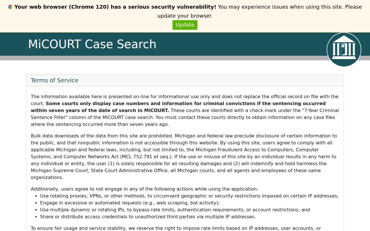 Benzie County criminal docket MiCOURT terms and public case search interface