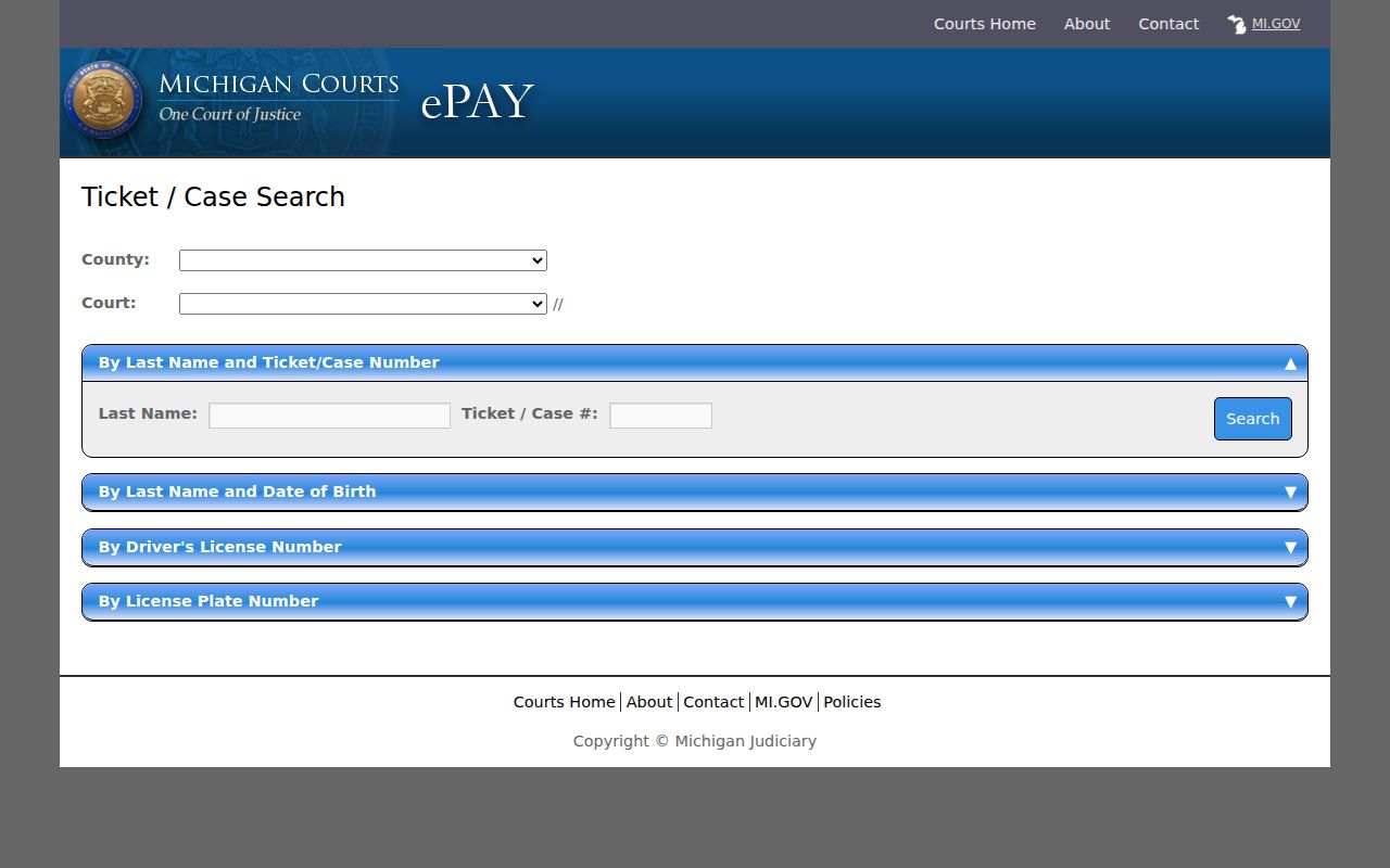 Michigan eTix County and Court selectors with Benzie traffic ticket search methods