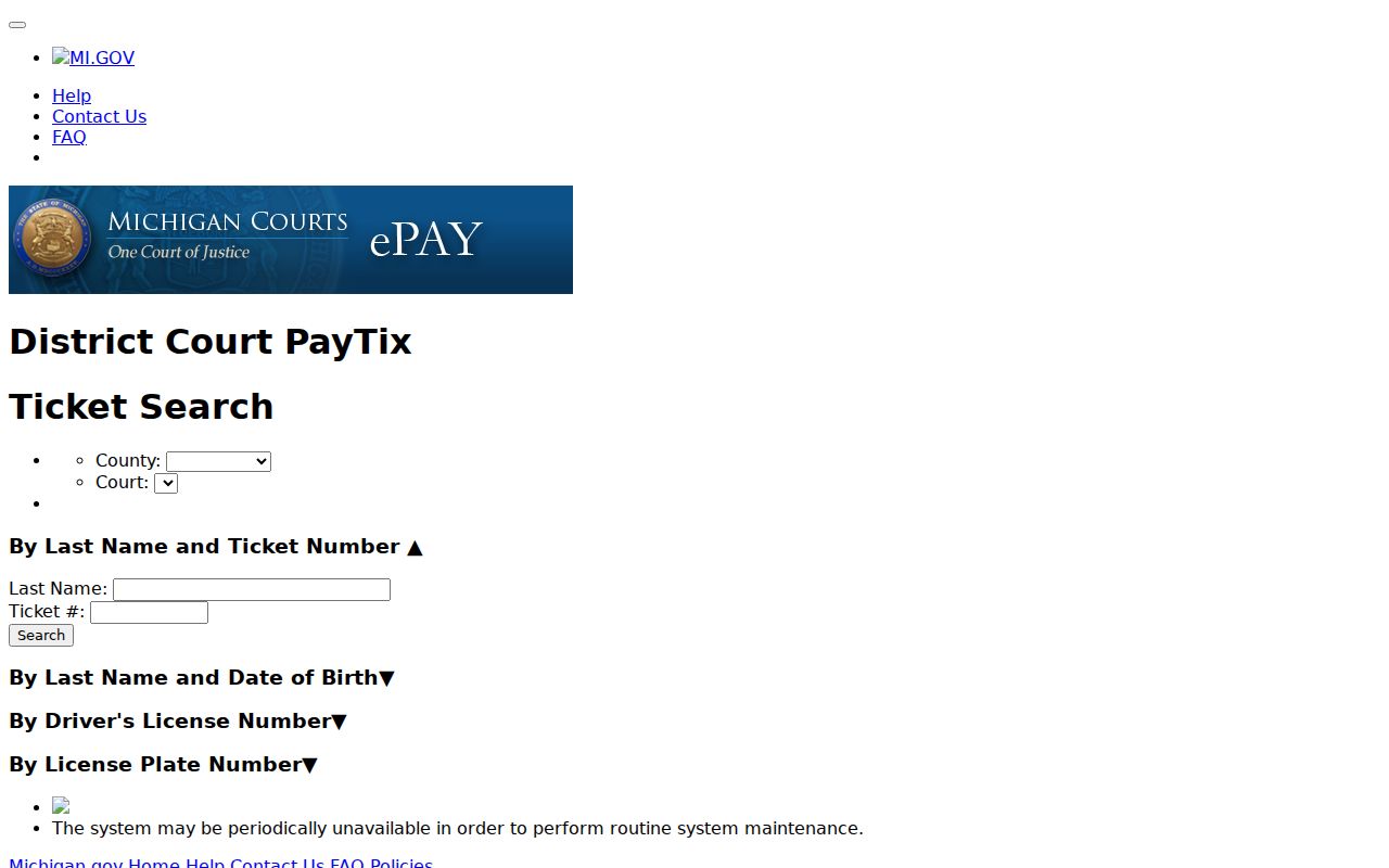 Michigan District Court PayTix entry page for Benzie traffic court records
