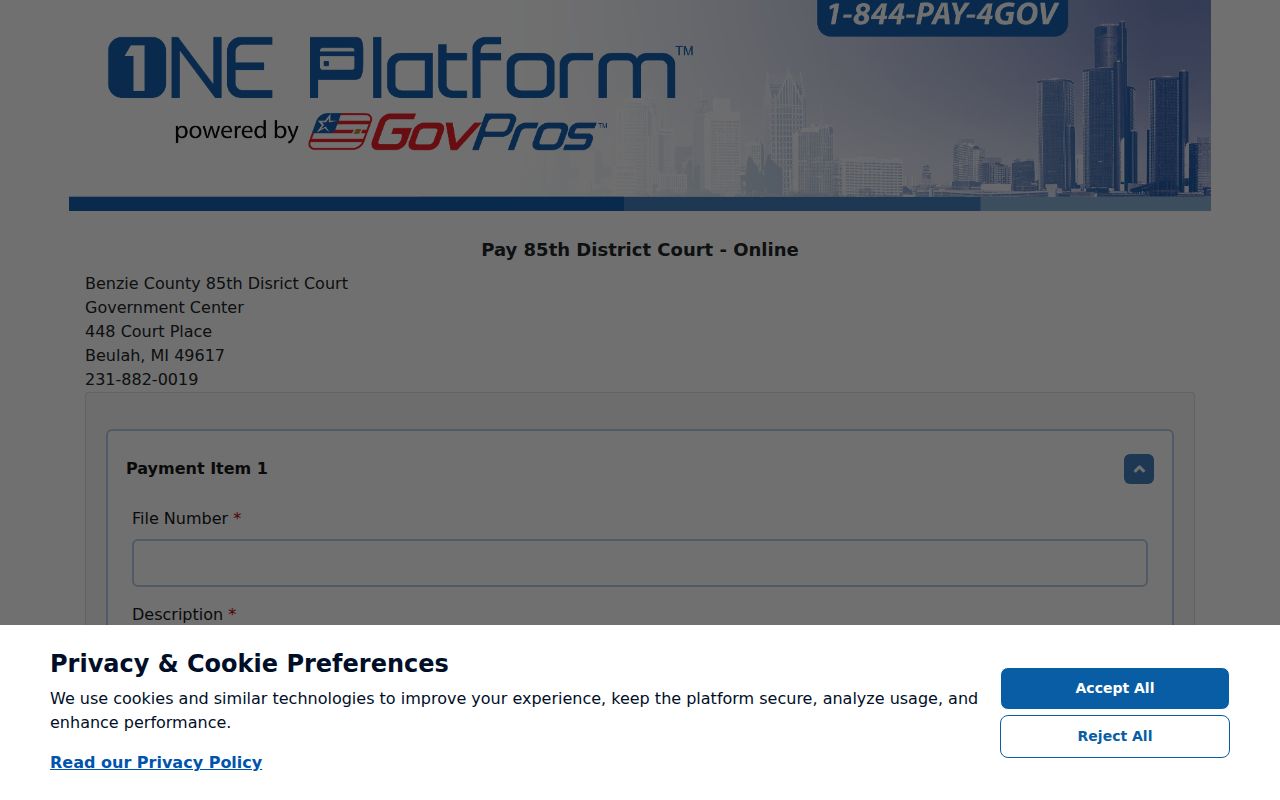 Official GovPros payment destination linked for Benzie 85th District Court traffic matters
